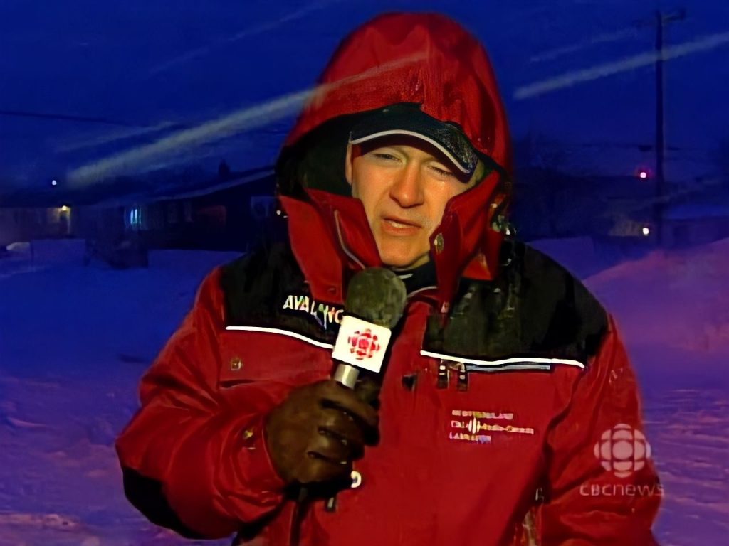 Karl Wells reporting the weather during a storm for CBC Here & Now (early 2000s)